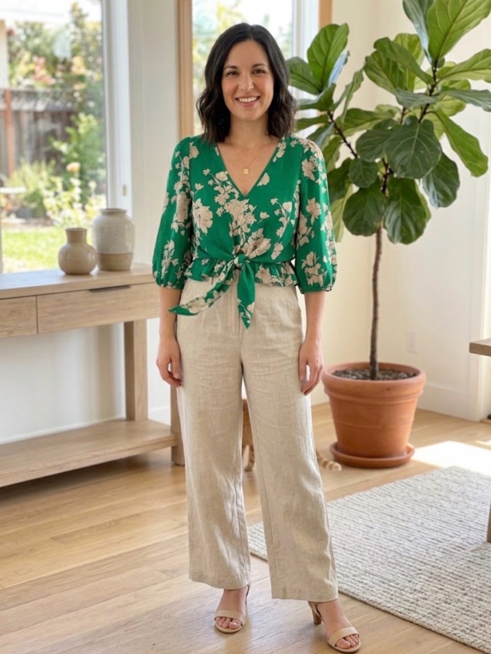 woman’s green and cream top